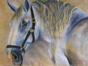 Cheval blanc Espagnol tons bleu et jaune