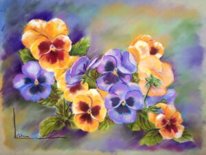 Tableau de fleurs : pensées bleues et jaunes