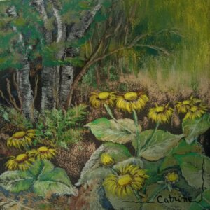 Tableau d'arbres avec des grosses fleurs jaunes devant