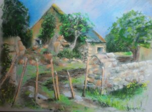 Maison de pierres abandonnées au milieu de la végétation, ciel bleu