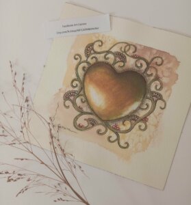 Symbole Cœur stylisé couleur cuivré avec arabesques vertes autour