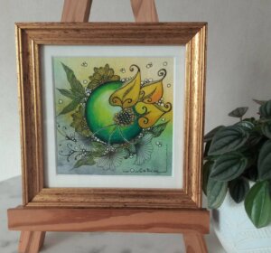 Peinture fleurie abstraite vert/jaune dans cadre doré