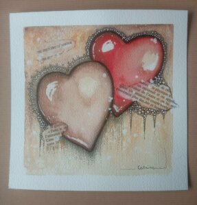 Histoire d'amour entre 2 cœurs rouge et beige avec collage