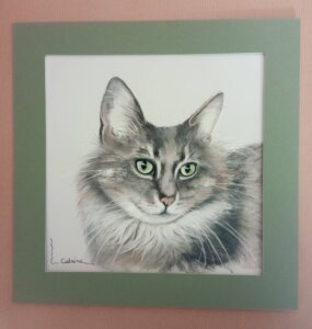 Portrait aux pastels secs d'un chat gris aux yeux verts
